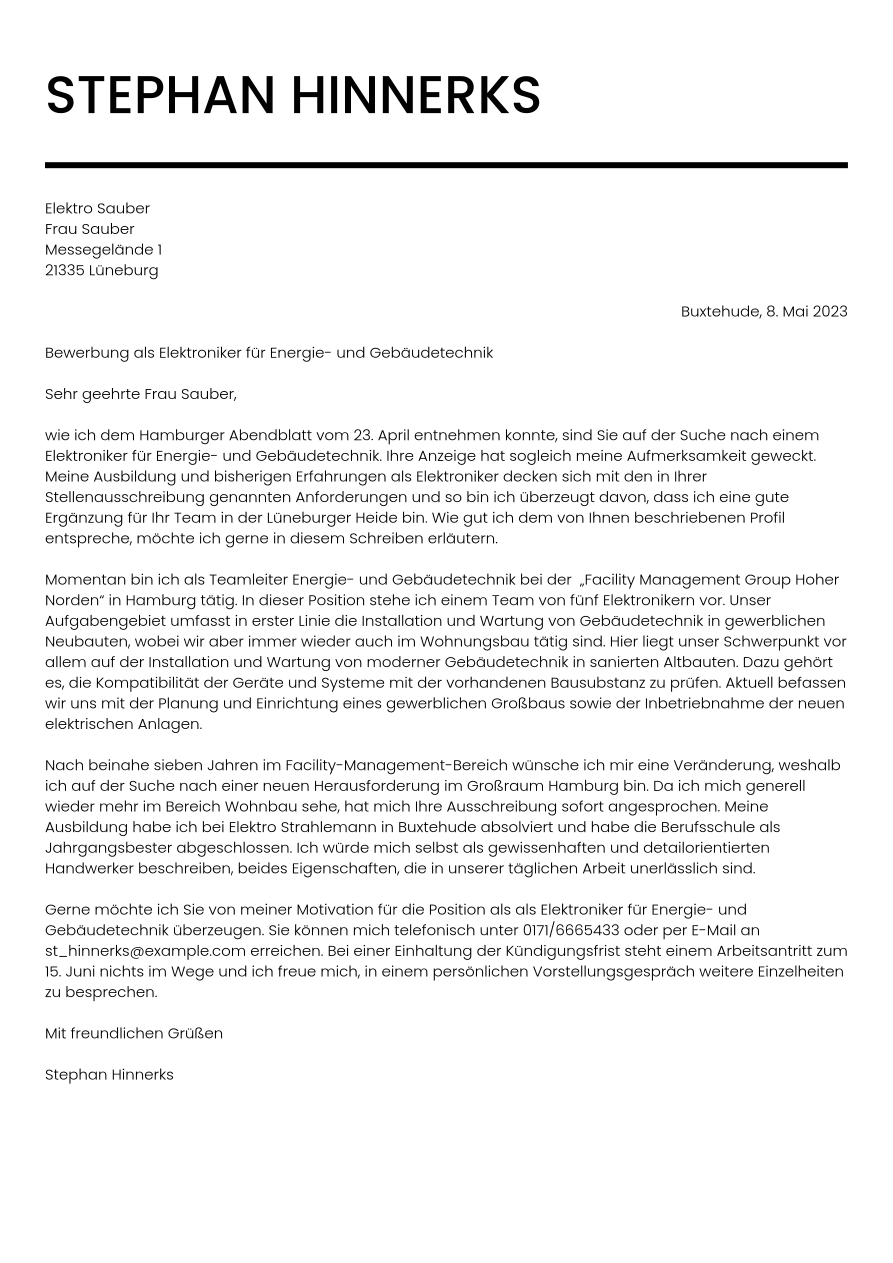 Bewerbung Als Elektroniker Für Energie Und Gebäudetechnik Muster Bewerbungsschreiben-Beispiel für Elektriker | Jobseeker