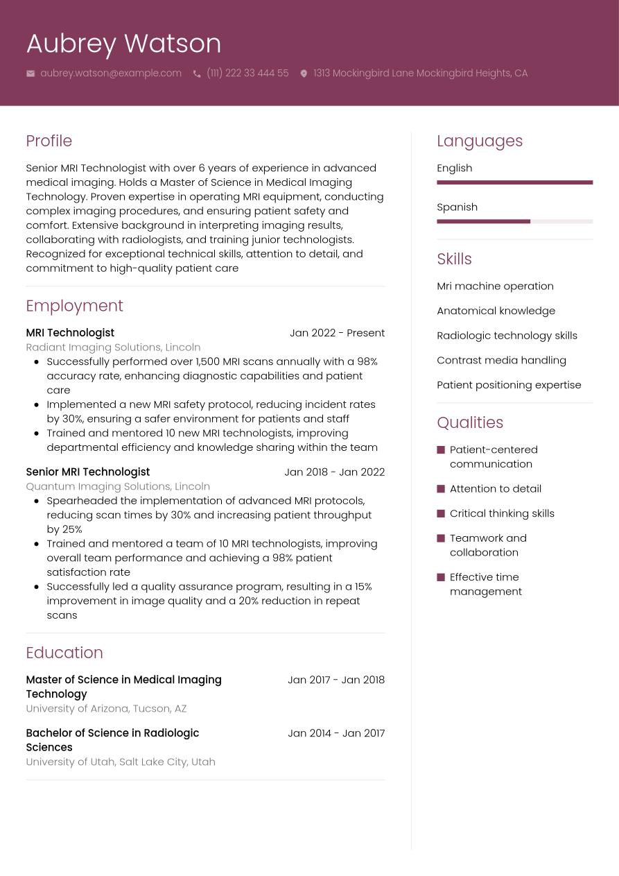 MRI Technologist Resume Example & Writing Guide | Jobseeker