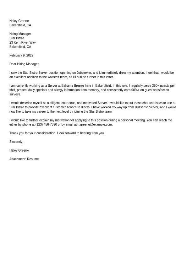 Server Cover Letter Example Jobseeker