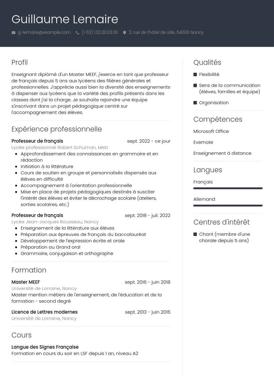 Exemple de CV pour enseignant / enseignante | Jobseeker