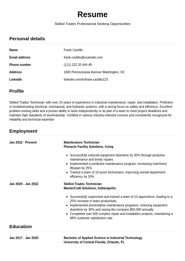 Blue Collar Resume Example Jobseeker - Blue Collar Resume Example Simple.1740736513331 