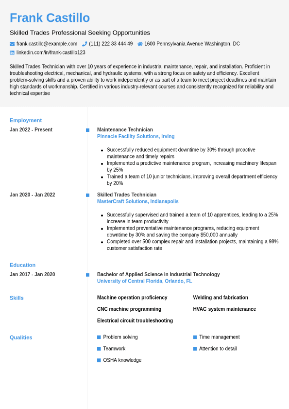 Blue Collar Resume Example Jobseeker - Blue Collar Resume Example Chrono.1740736513331