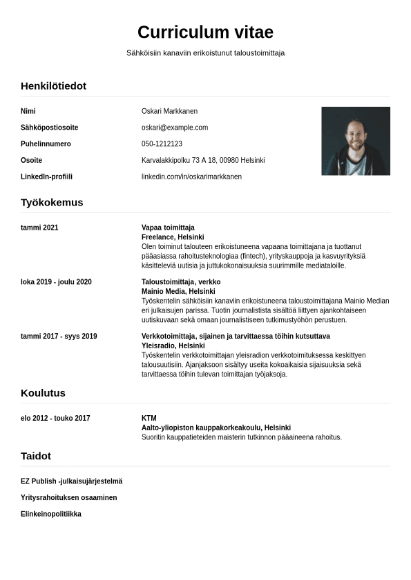 Esimerkki-CV toimittaja | Jobseeker