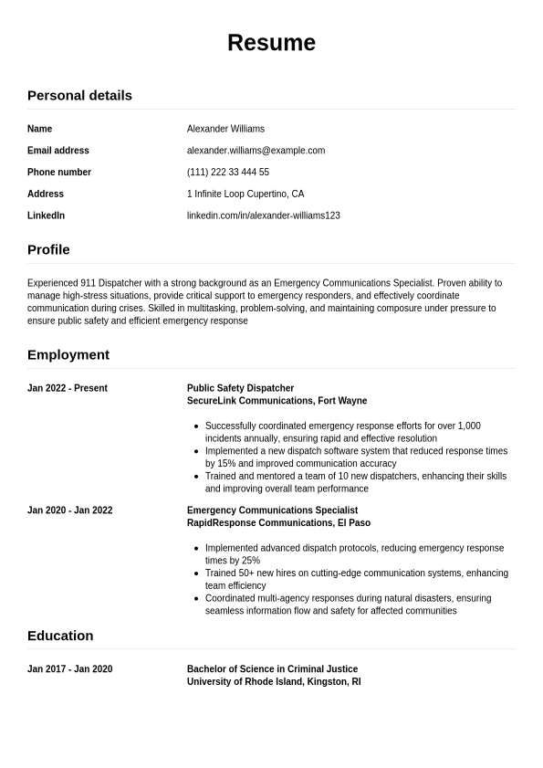 911 Dispatcher Resume Example - 911 Dispatcher Resume Example Simple.1739533953751