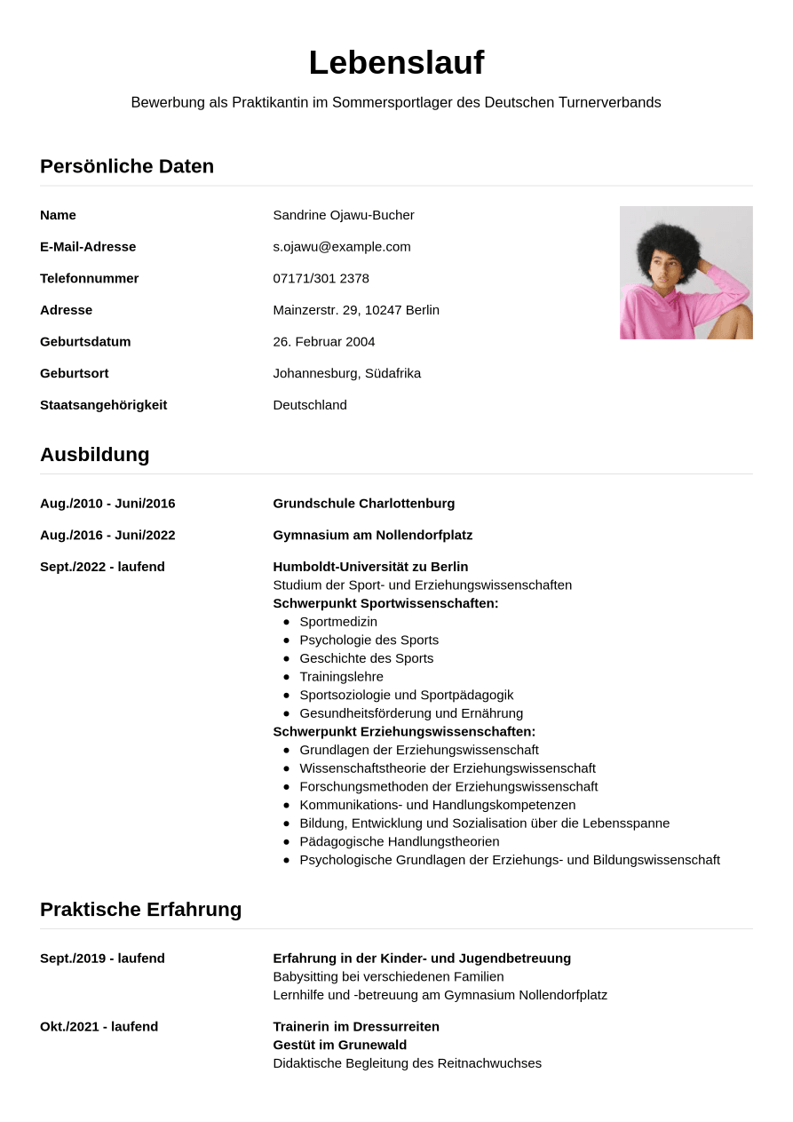 Lebenslauf Vorlage Praktikum Schüler Lebenslauf-Beispiel für Praktikanten | Jobseeker
