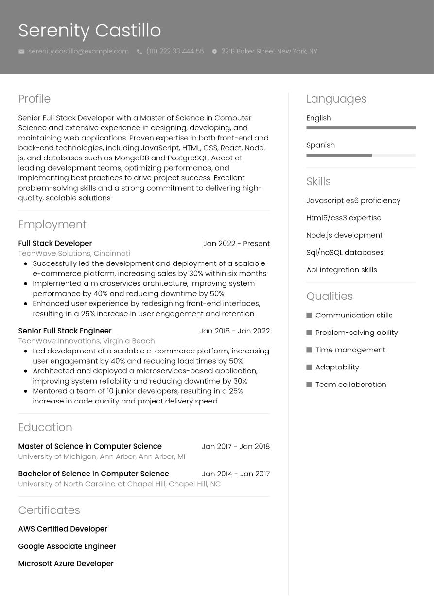 5 angular full stack developer resume examples & guide... Full Stack Developer Resume Example & Writing Guide | Jobseeker