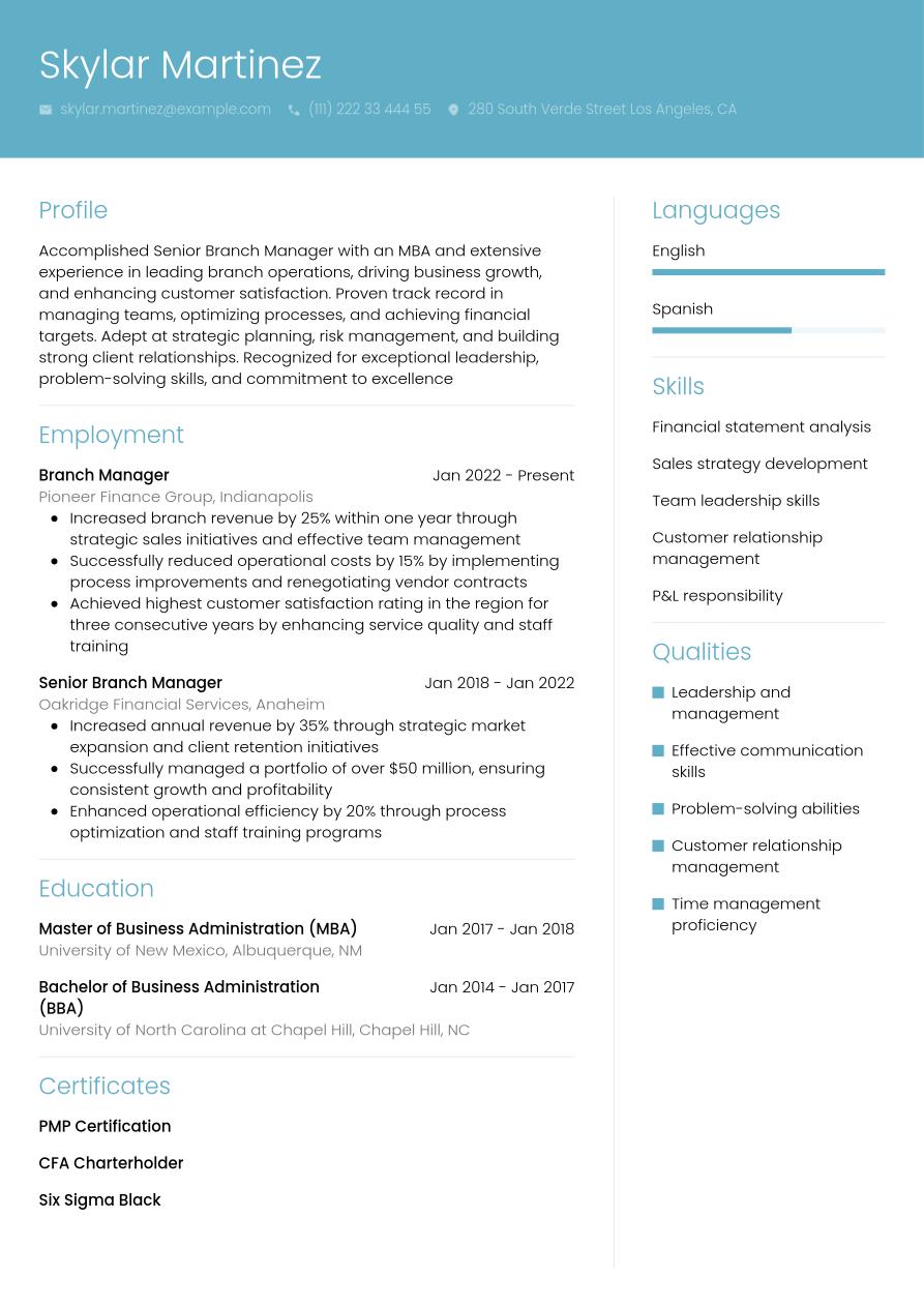 Branch Manager Resume Example | Jobseeker