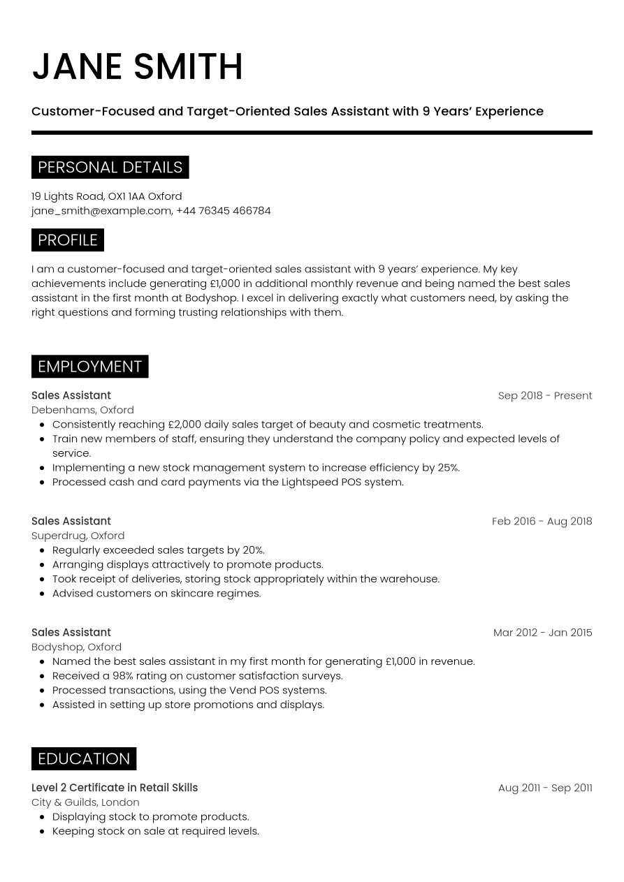 CV example sales assistant | Jobseeker