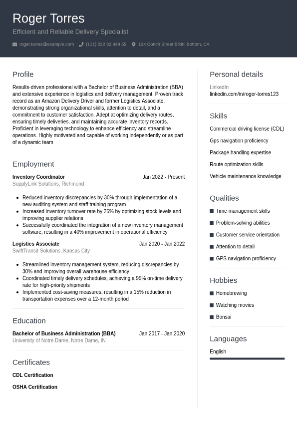 Amazon Resume Example Jobseeker - Amazon Delivery Driver Resume Example Professional.1740737263209 