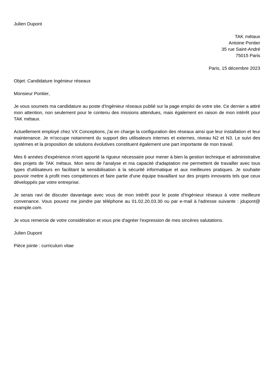 Exemple de lettre de motivation pour ingénieur Jobseeker — free download