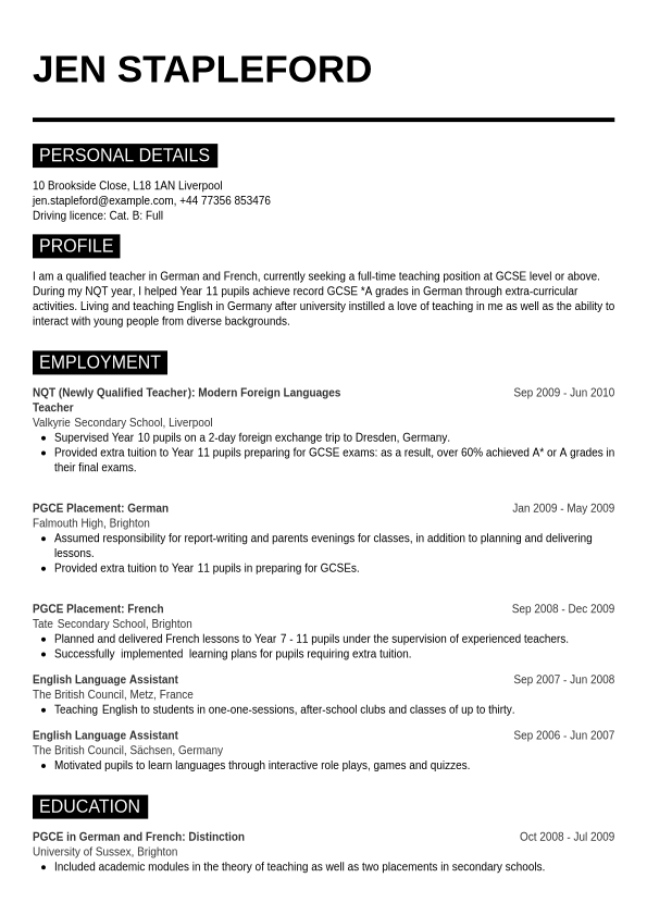 CV example teacher | Jobseeker