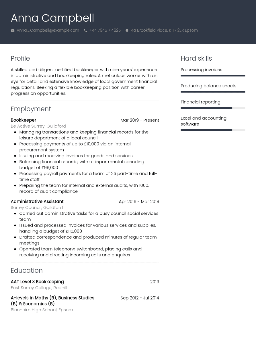 Bookkeeper Professional Development Example Bookkeeper CV Example | Jobseeker