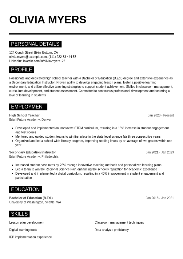 High School Teacher Resume Writing Guide & Tips | Jobseeker