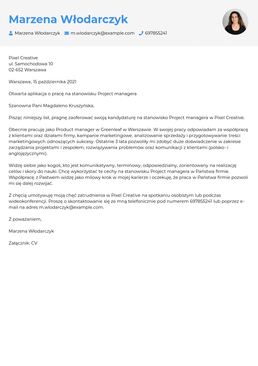 Przykładowy list motywacyjny managera | Jobseeker