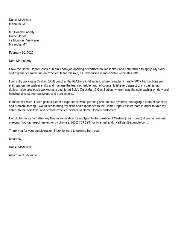 Cashier Cover Letter Example Jobseeker