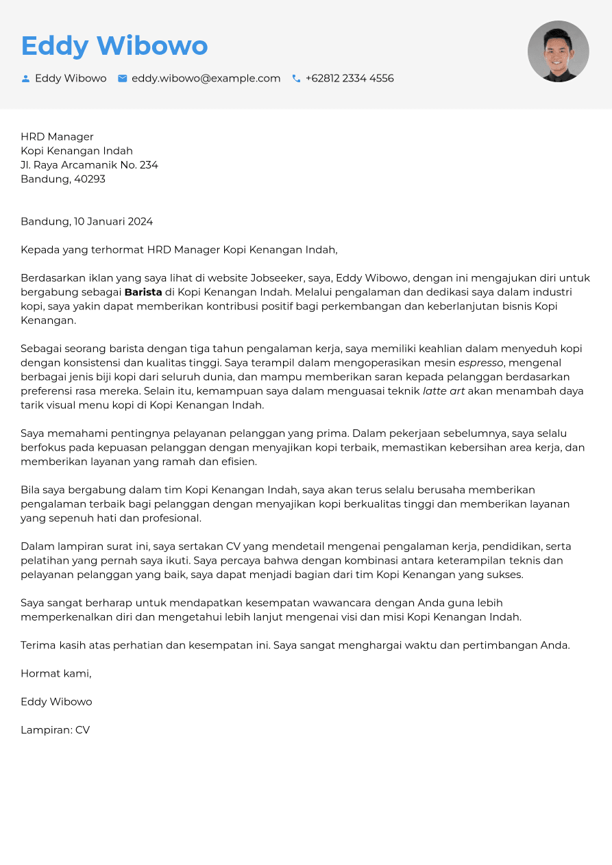 Contoh Surat Lamaran Kerja Barista | Jobseeker