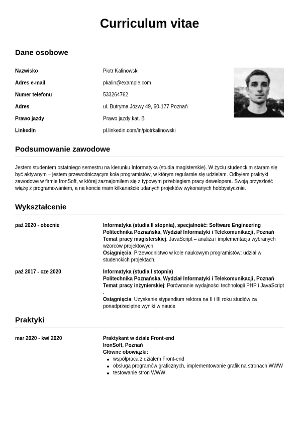 Przyk ad cv studenta jobseeker