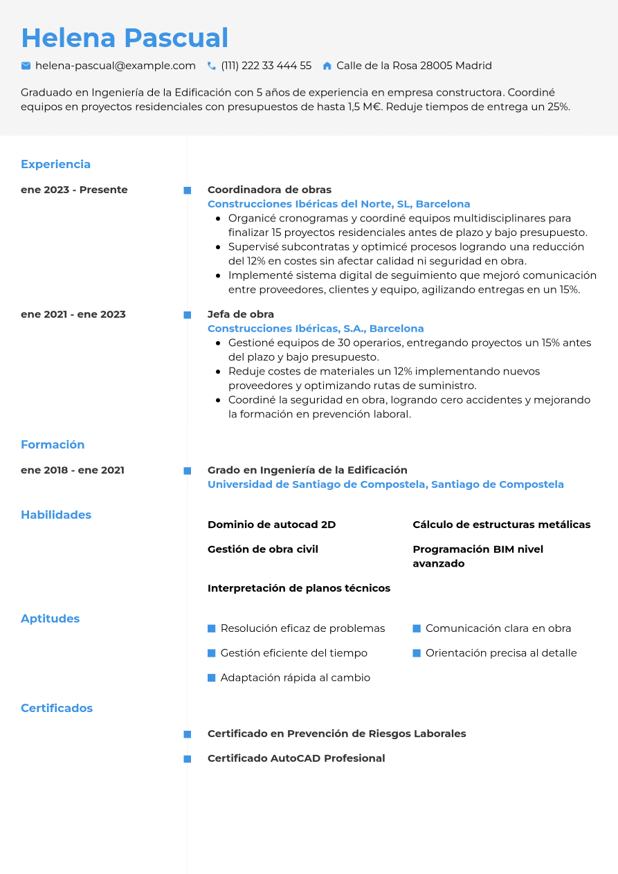 Currículum de empresarial constructora ejemplo | Jobseeker