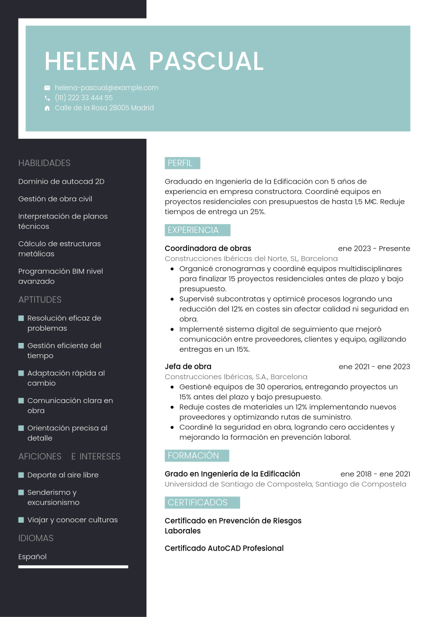 Currículum de empresarial constructora ejemplo | Jobseeker