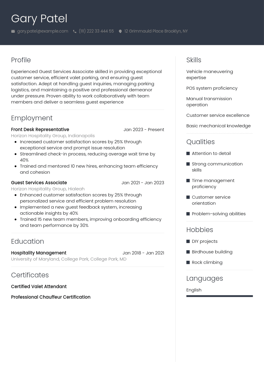 Valet Resume Example | Jobseeker