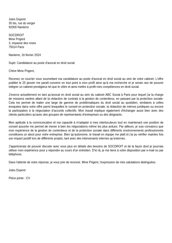 Exemple de lettre de motivation pour un avocat Jobseeker