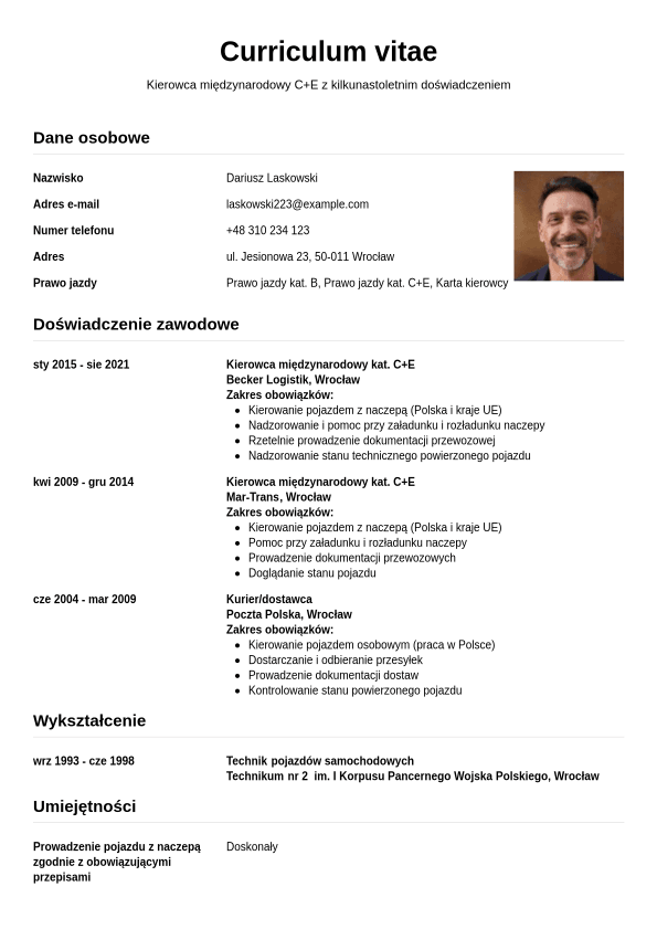 Przykład CV kierowcy | Jobseeker