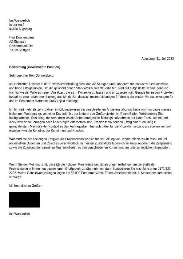 Bewerbungsschreiben Für Ein Schülerpraktikum Muster Bewerbungsschreiben-Beispiel für Führungskräfte | Jobseeker