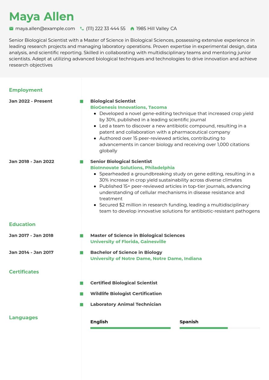Biologist Resume Example | Jobseeker