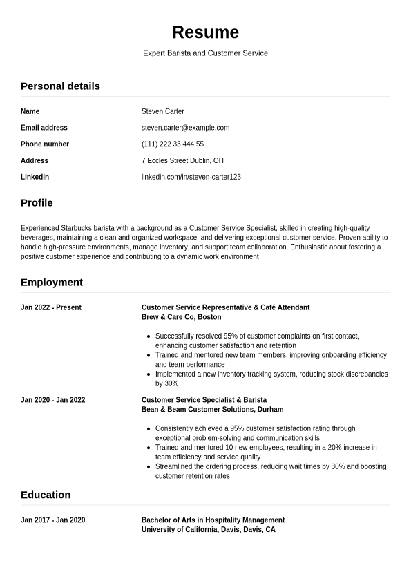Starbucks Resume Example Jobseeker - Starbucks Resume Example Simple.1740737290175 