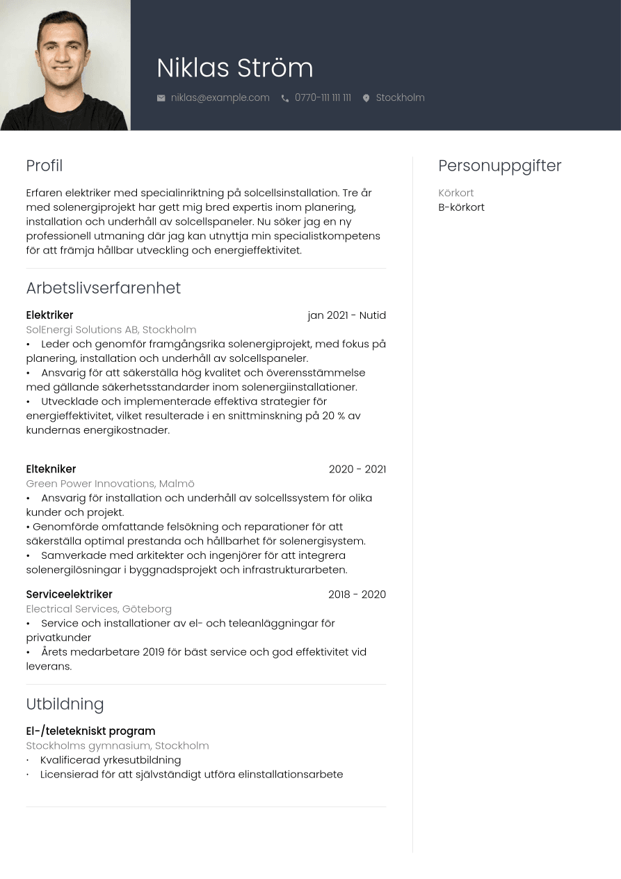 Elektriker CV Exempel | Jobseeker