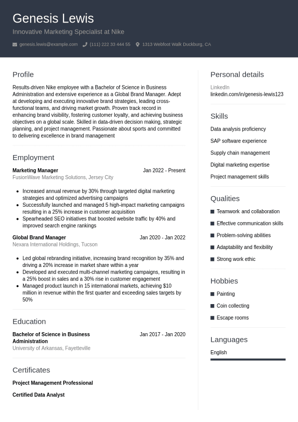 Nike Resume Example Jobseeker - Nike Resume Example Professional.1740737285299