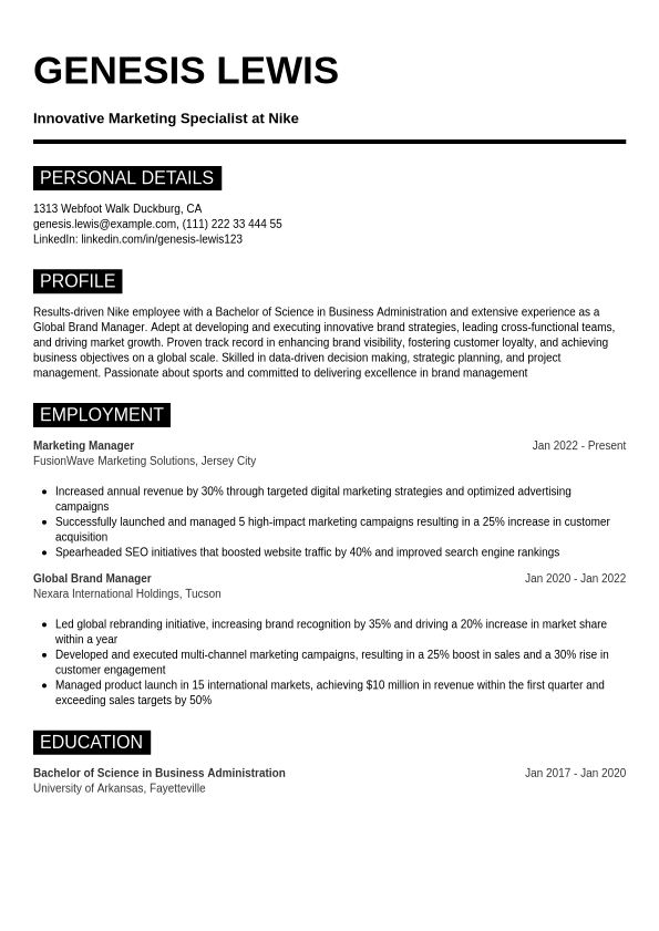 Nike Resume Example Jobseeker - Nike Resume Example Metro.1740737285299