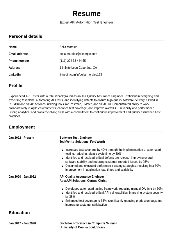 API Testing Resume Example | Jobseeker