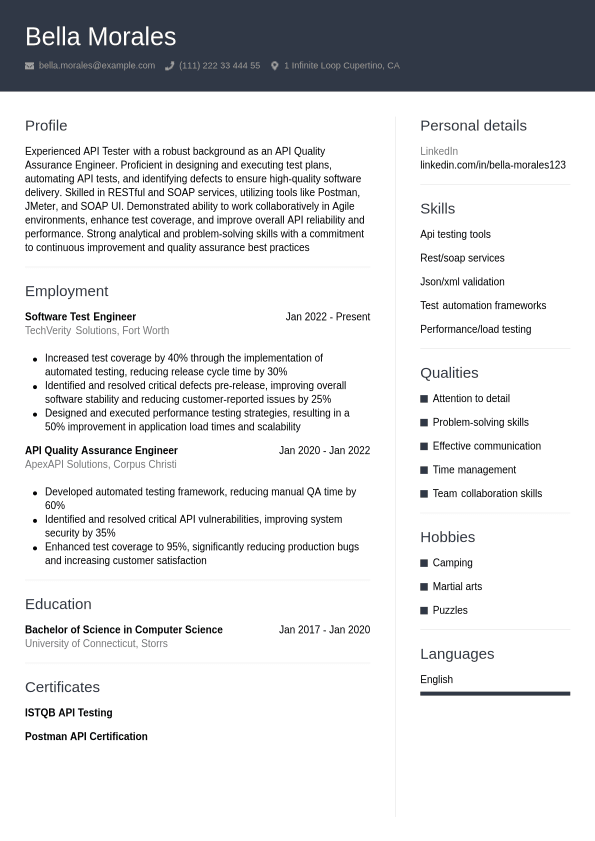 API Testing Resume Example | Jobseeker