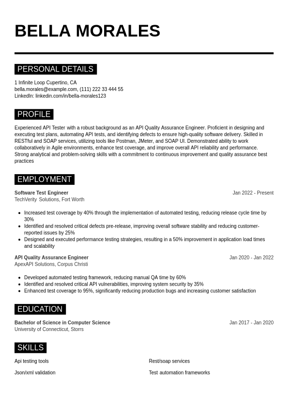 API Testing Resume Example | Jobseeker