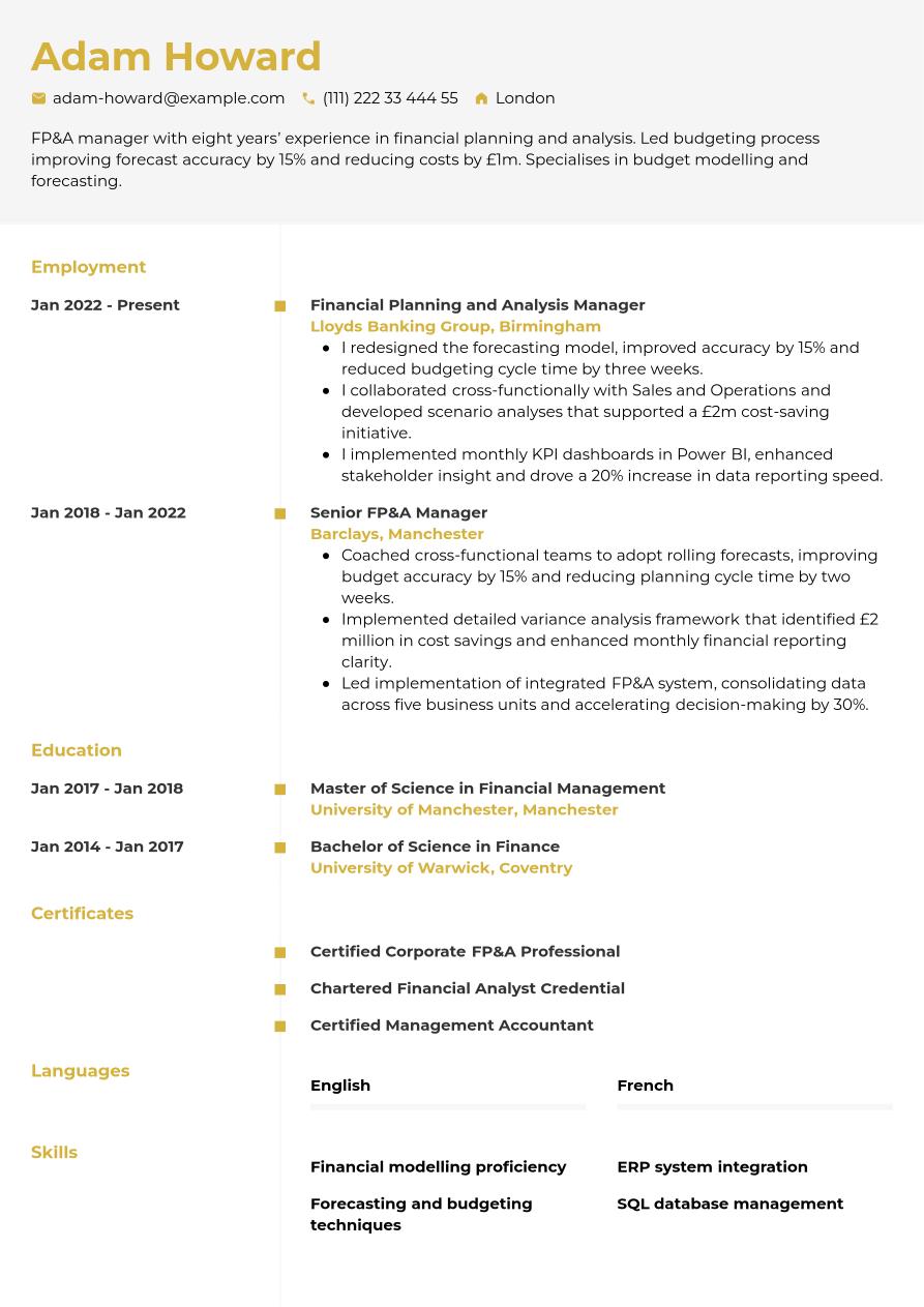 FP&A Manager CV Writing Guide & Tips | Jobseeker