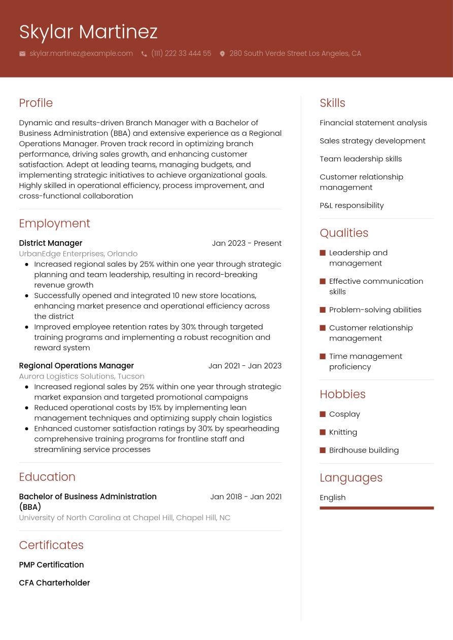 Branch Manager Resume Example | Jobseeker