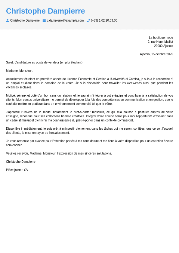 Exemple de lettre de motivation job étudiant | Jobseeker