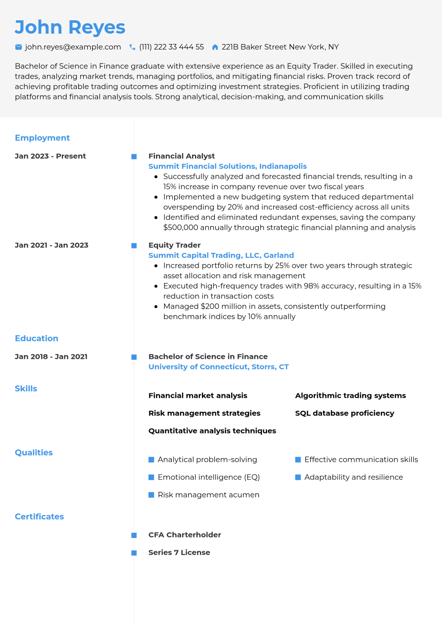 Trader Resume Example | Jobseeker