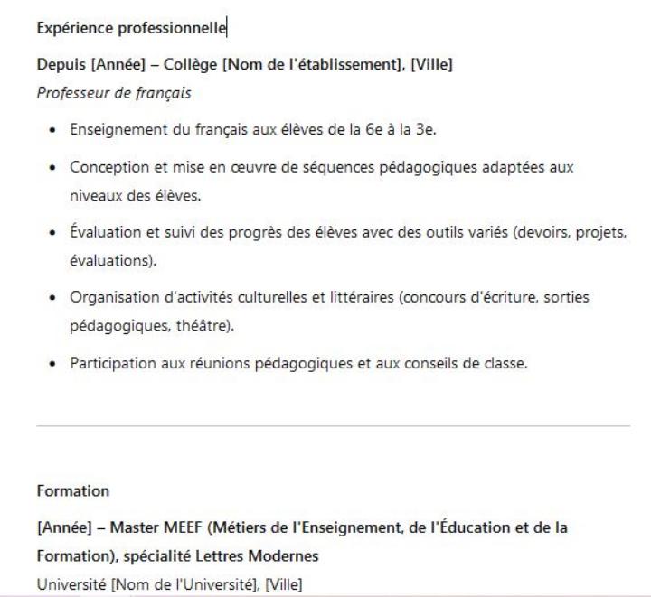 Aperçu du CV généré