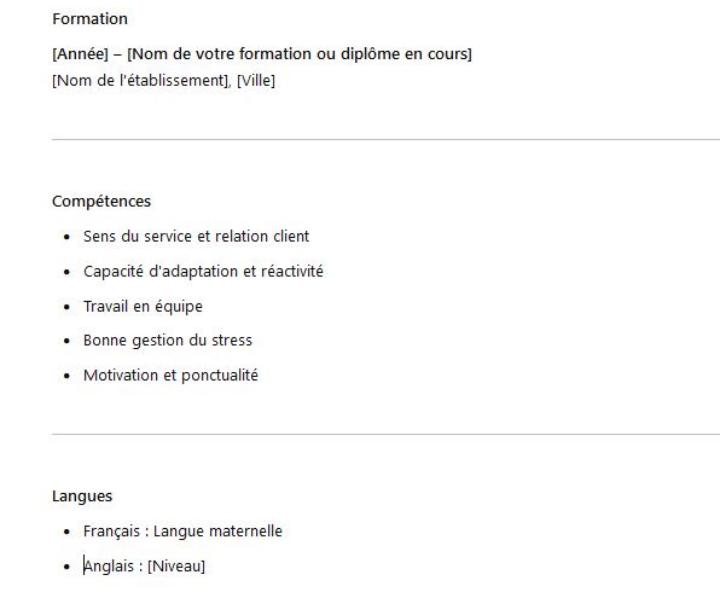 Aperçu du CV de serveur sans expérience
