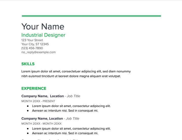 An image of Google Docs Spearmint CV template