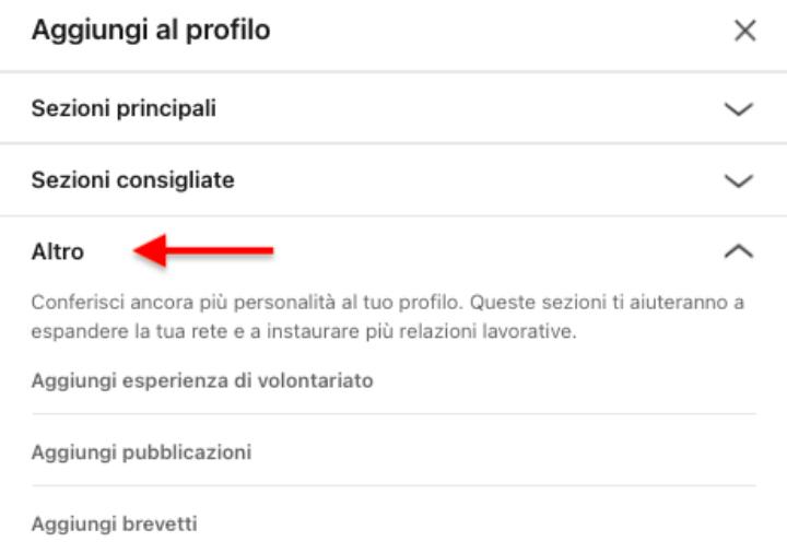 Infine, cliccando su “Altro”, puoi inserire “Esperienze di volontariato”, “Pubblicazioni”, “Riconoscimenti e premi” e molte altre informazioni opzionali.