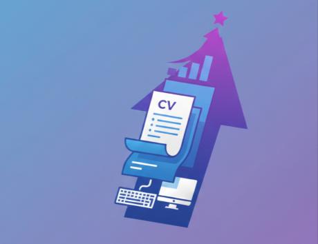 a purple arrow pointing upwards with an image of a CV document connected to a computer in it