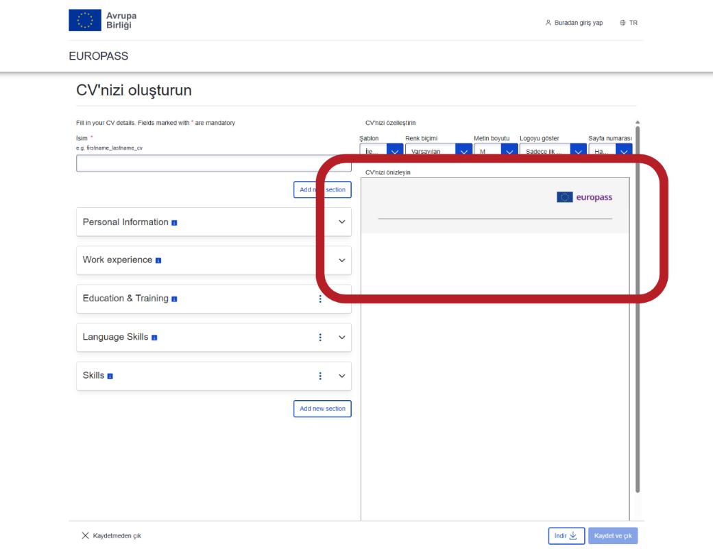 Europass CV oluşturma süreci adım 9