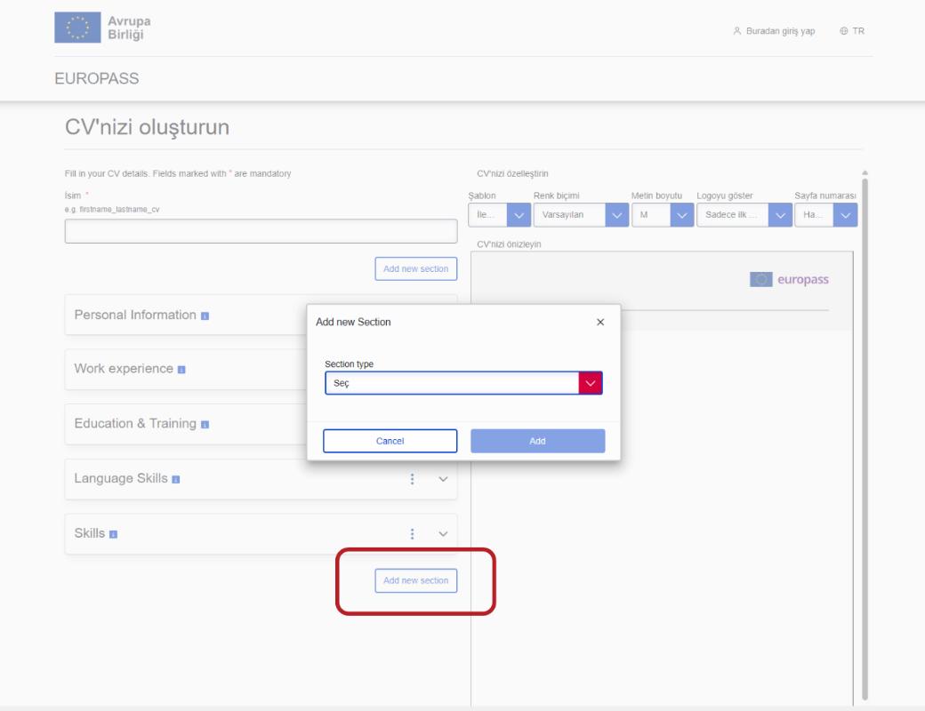 Europass CV oluşturma süreci adım 6