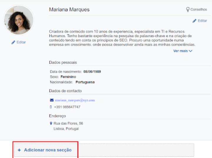 4. Adicione nova secção