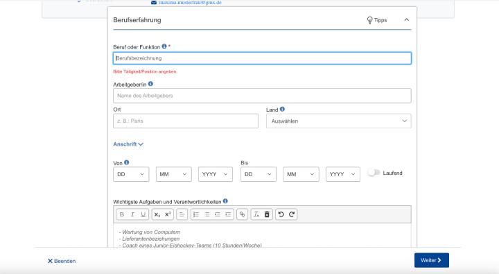 Je nachdem, welchen Abschnitt du wählst, öffnet sich eine andere Eingabemaske, die mit Textfeldern versehen ist, in die du deine jeweiligen Daten und Informationen eingeben kannst, wie etwa bei der „Berufserfahrung“, bei „Auszeichnungen und Preise“ oder bei den „Sprachkenntnissen“.