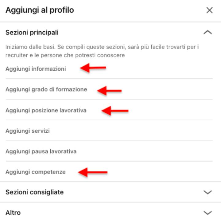 Dopodiché, cliccando su “Aggiungi sezione del profilo”