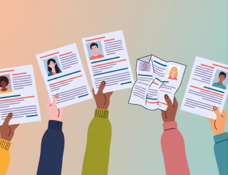 Illustration af hævede arme, der holder CV’er i luften, som symbol på jobansøgninger